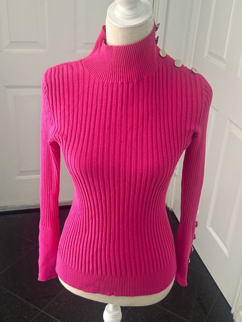INC Hot Pink Ribbed Mock Neck Button Sweater M